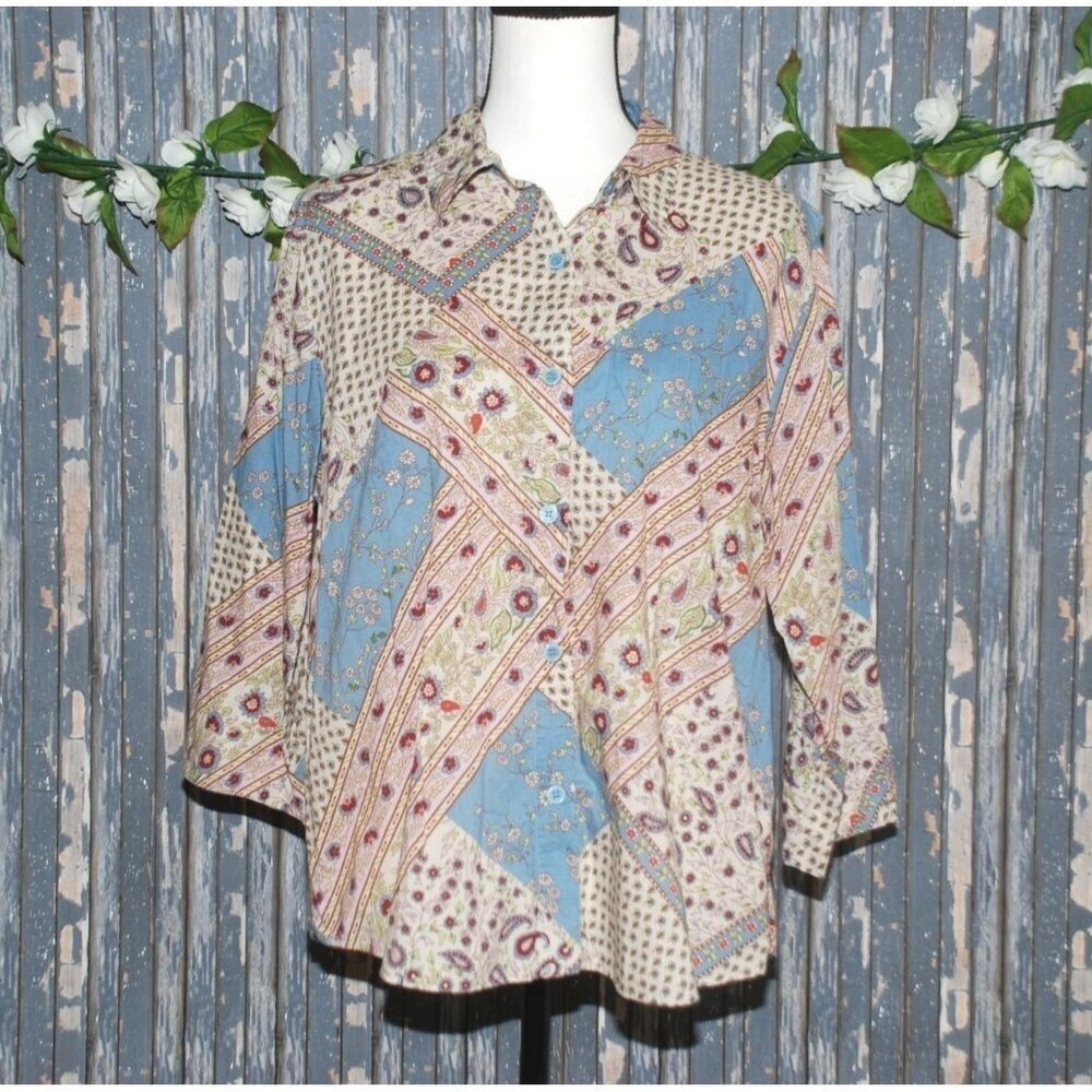 Lemon Grass Patchwork Ladies Blouse Top Size XL Button Up Gannycore Artsy Hippie